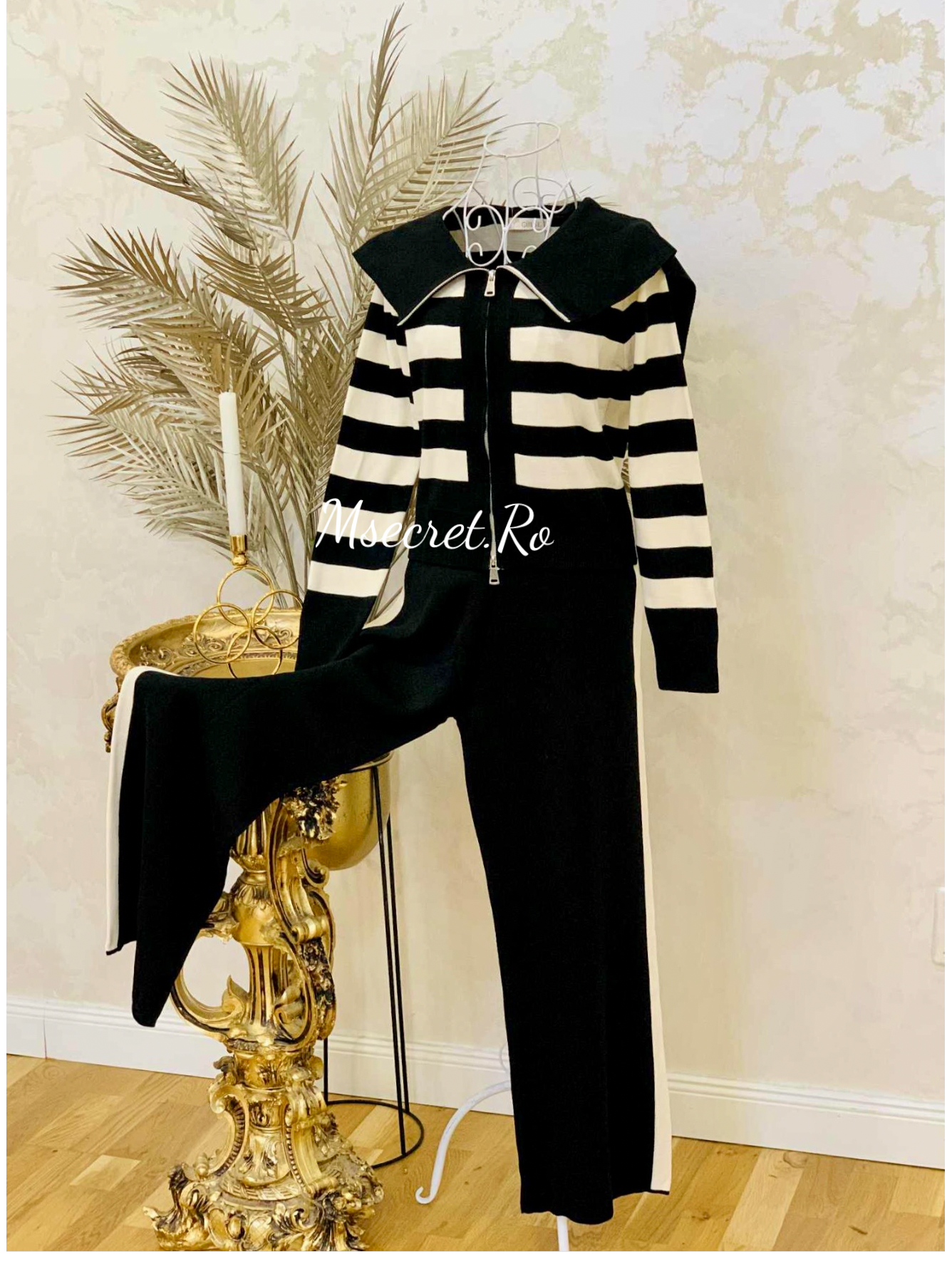 Compleu tricot alb-negru cu pantaloni lungi