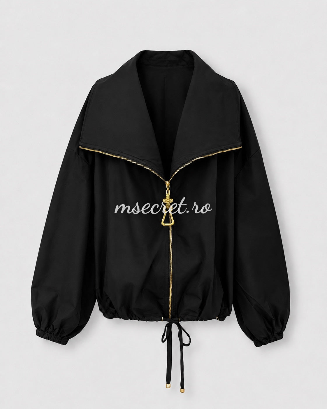 Black cotton jacket with gold zipper and oversized sleeves