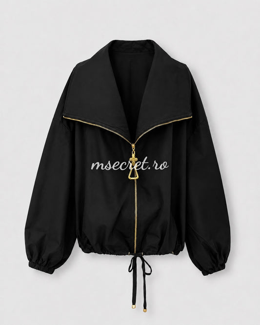 Black cotton jacket with gold zipper and oversized sleeves