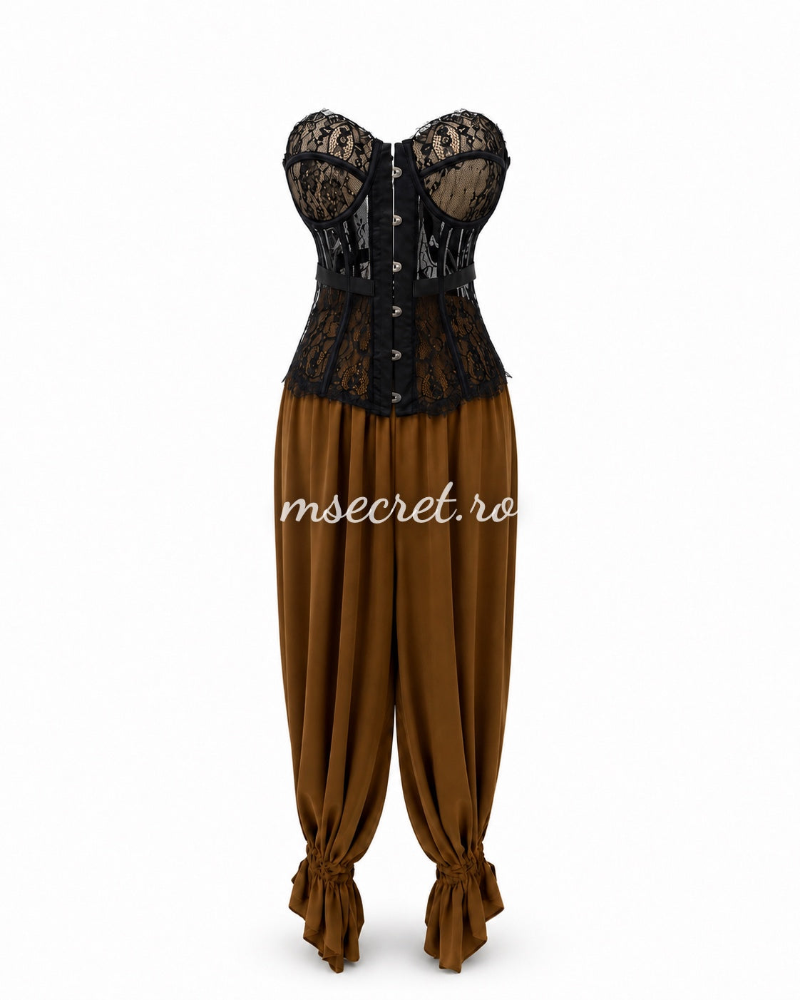 Loose brown trousers with elasticated waist and ruched hems