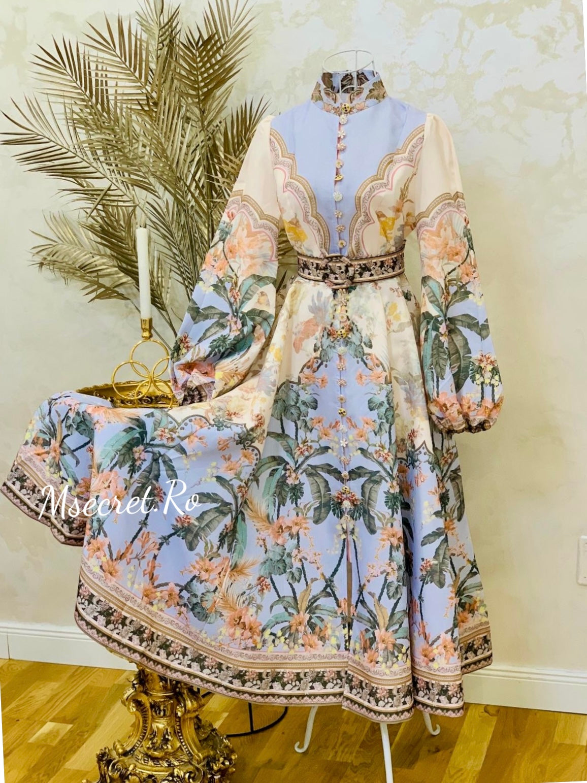 Rochie midi din in cu maneca lunga Palm