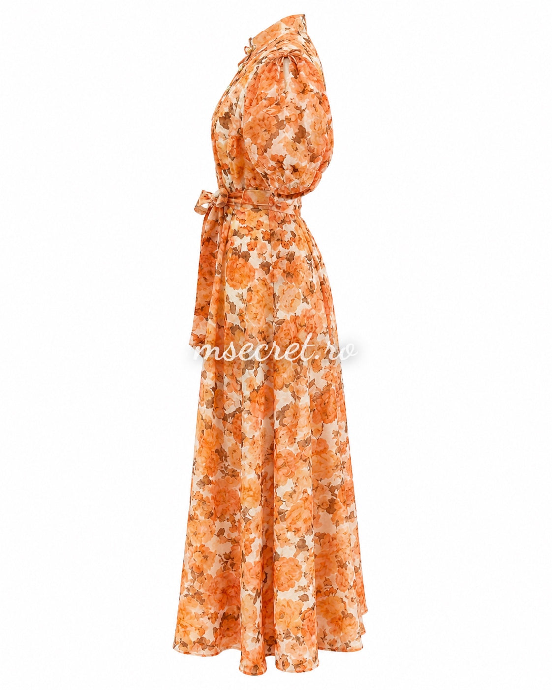 Rochie din in cu imprimeu floral orange si maneci bufante