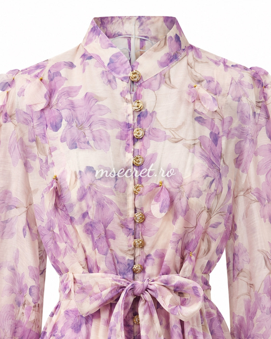 Long purple linen dress with floral print and 3D appliques