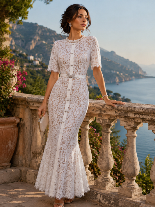 White lace dress with pearl details