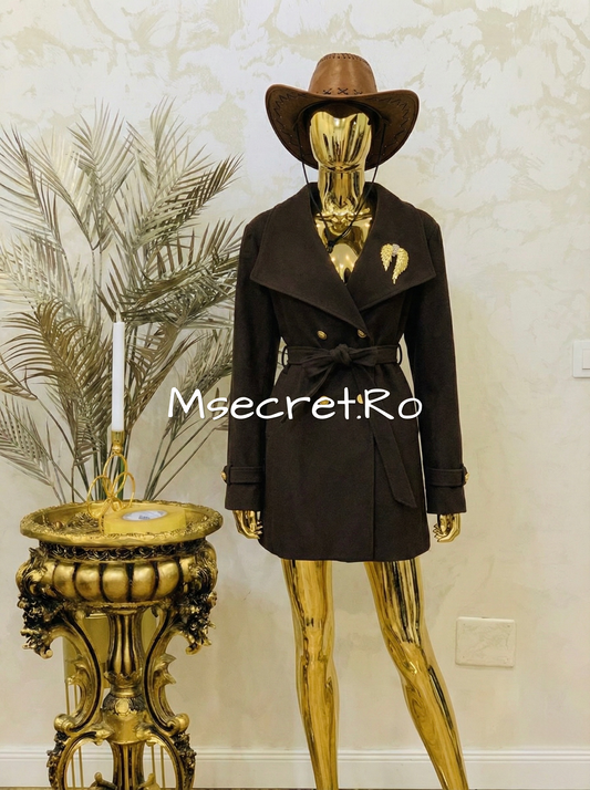 Trench palton maro scurt cu cordon in talie