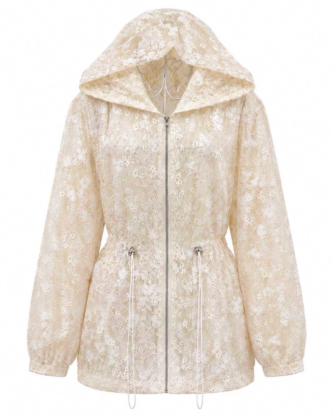 Cream jacket with butterfly sequins and hood
