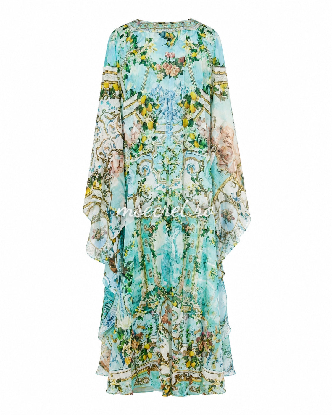 Rochie tip caftan turcoaz cu imprimeu mediteranean