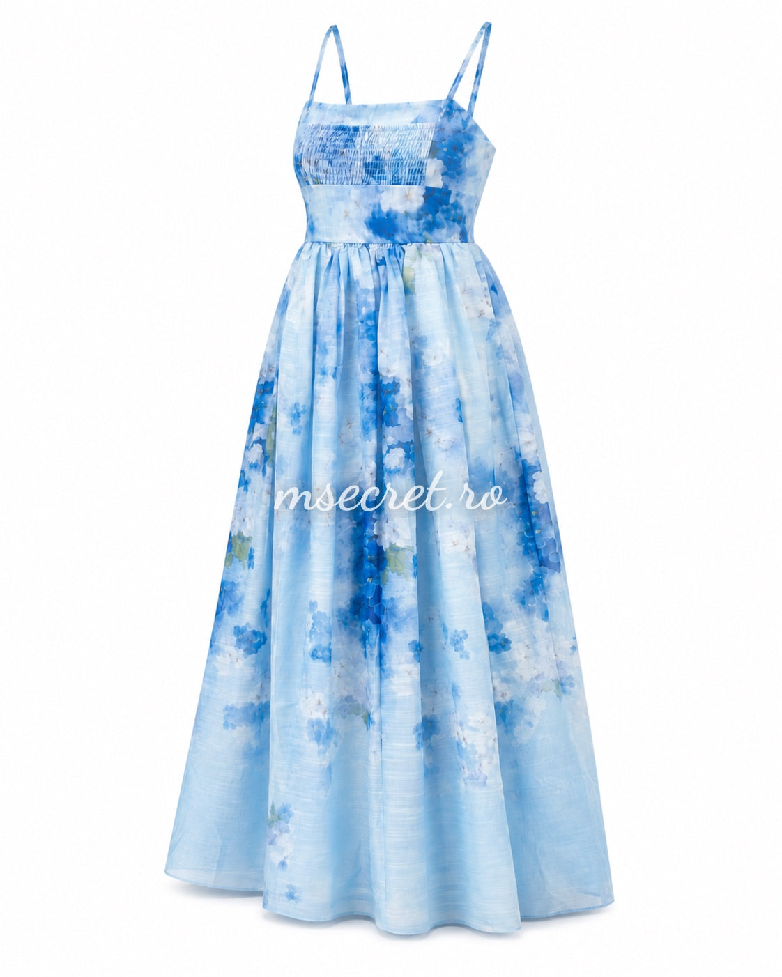 Rochie din in bleu cu imprimeu decorativ si cordon in talie