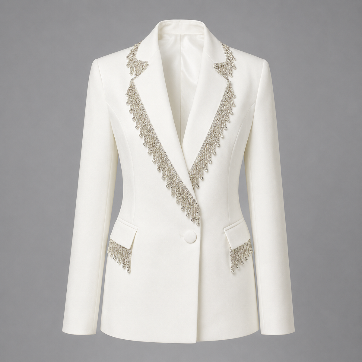 Sacou elegant alb cu franjuri strălucitori