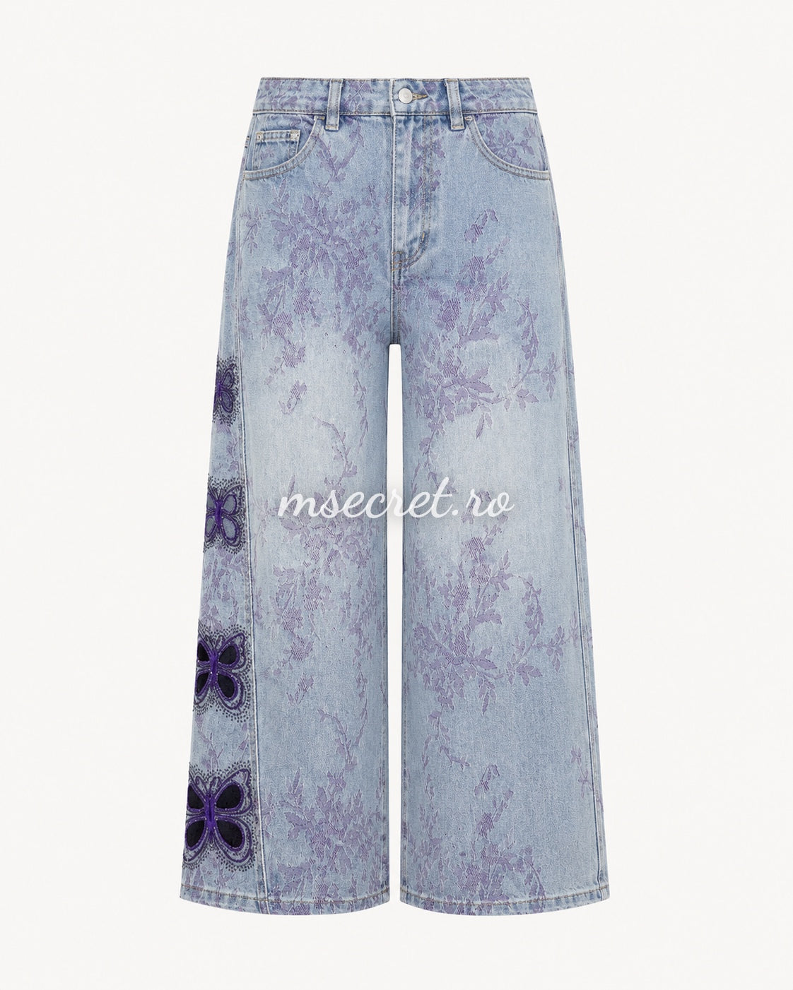 Blugi wide leg cu imprimeu floral mov si aplicatii fluturi