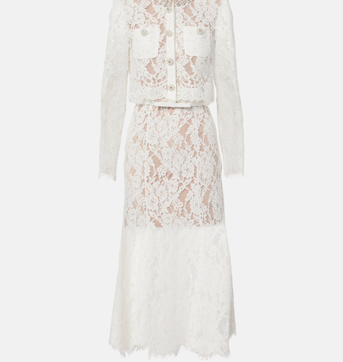 Compleu alb din dantelă cu nasturi bijuterie