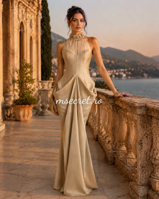 Rochie lunga champagne din satin cu decolteu inimioara