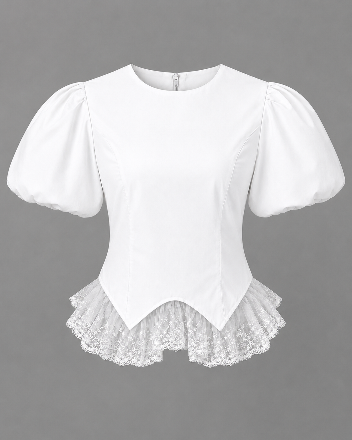 White shirt with puffed sleeves and embroidered tulle detail
