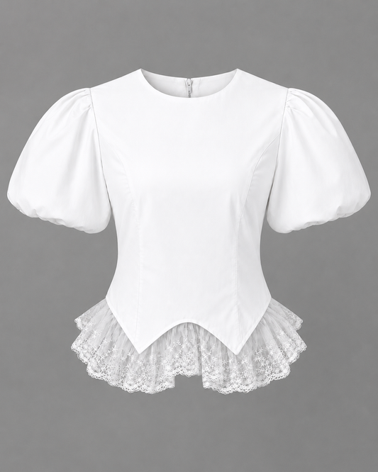 White shirt with puffed sleeves and embroidered tulle detail