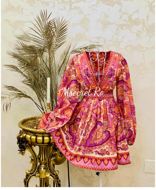 Rochie roz din bumbac cu imprimeu oriental