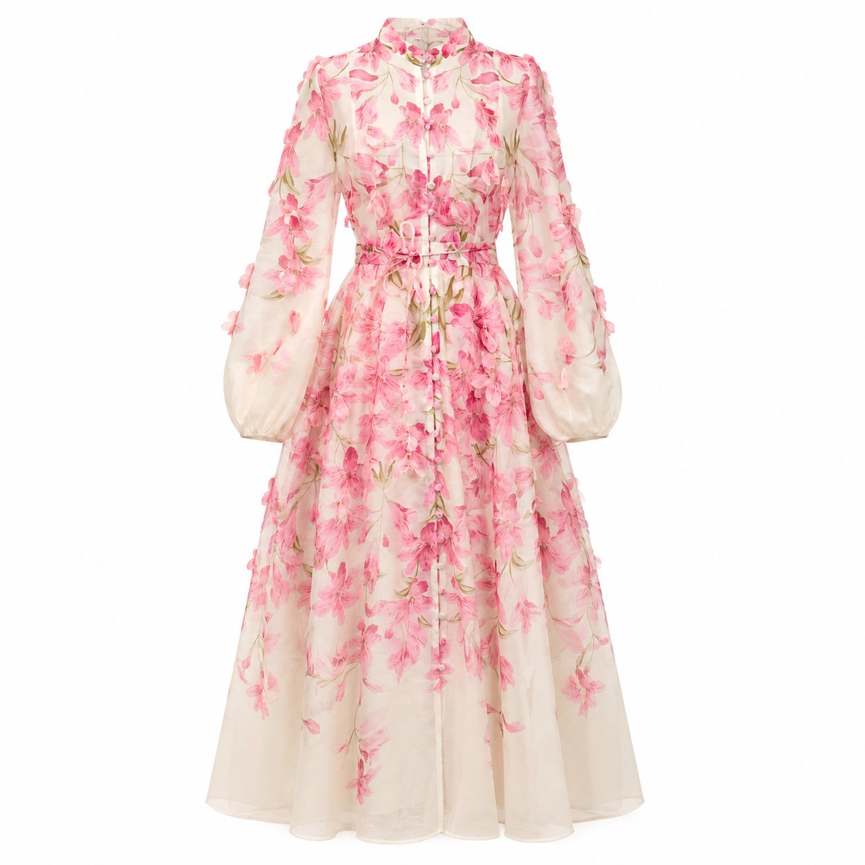 Rochie lungă roz din in cu imprimeu floral și aplicații 3D