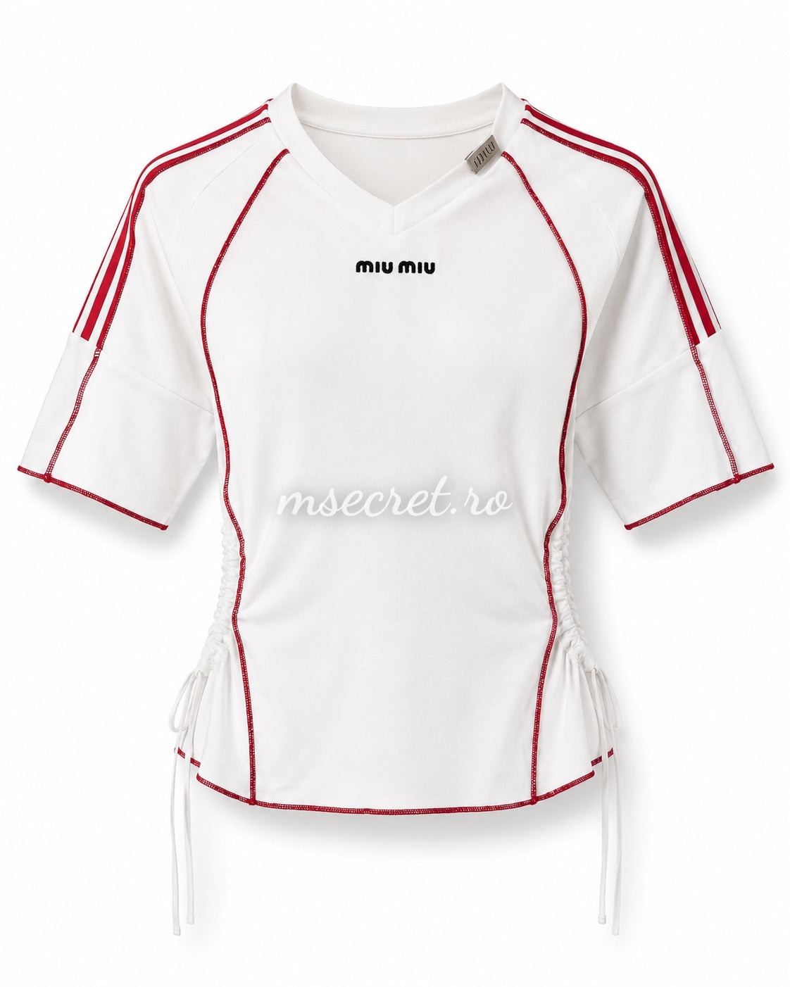 Tricou din bumbac alb cu detalii rosii si snururi laterale