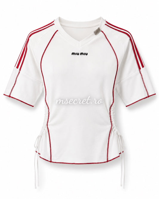 Tricou din bumbac alb cu detalii rosii si snururi laterale