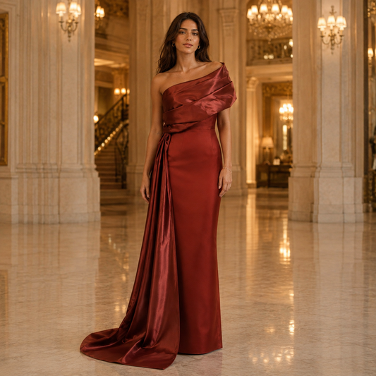Rochie maxi eleganta bordo cu capa drapata din satin