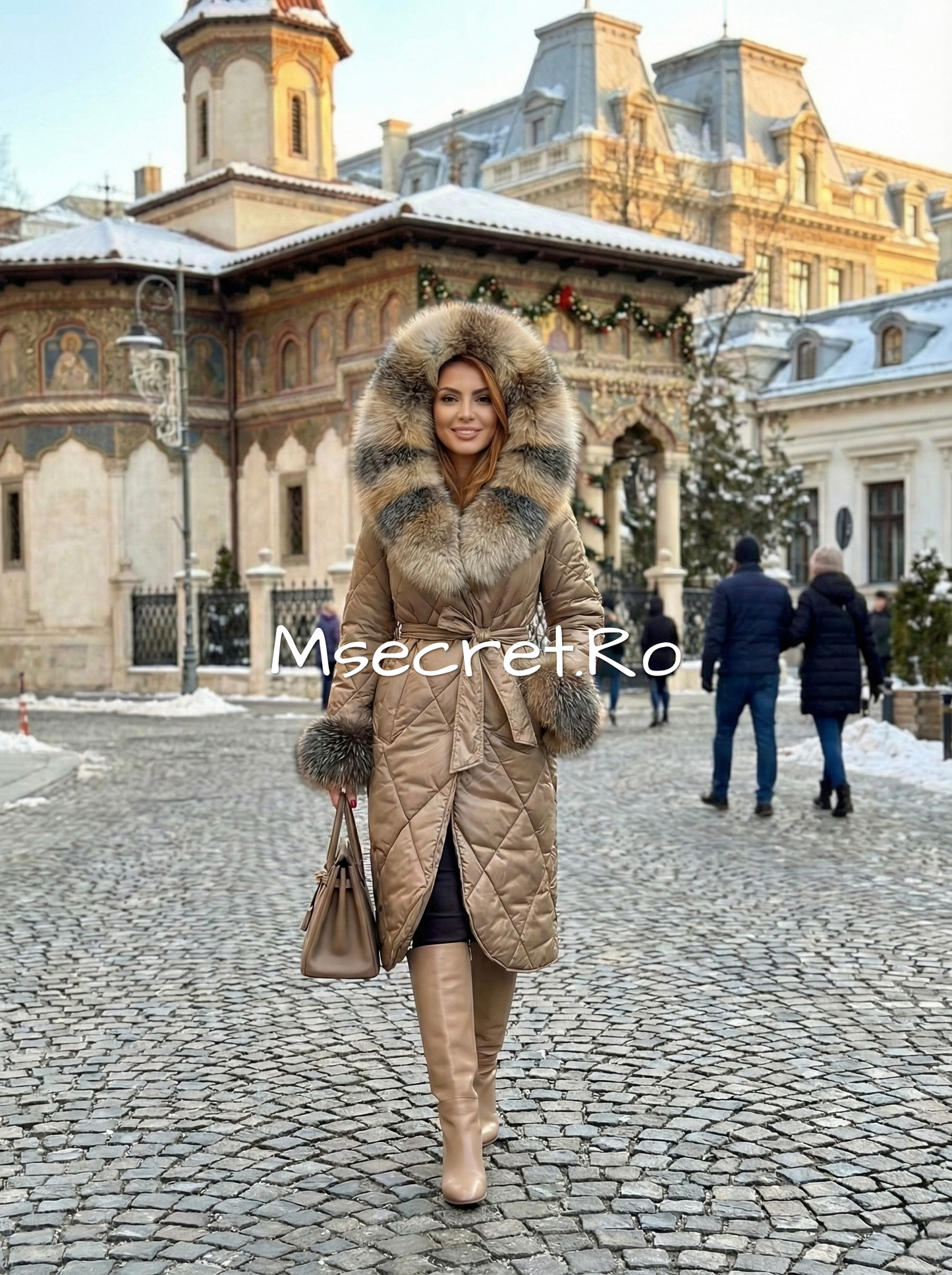 Beige waterproof jacket with natural fur