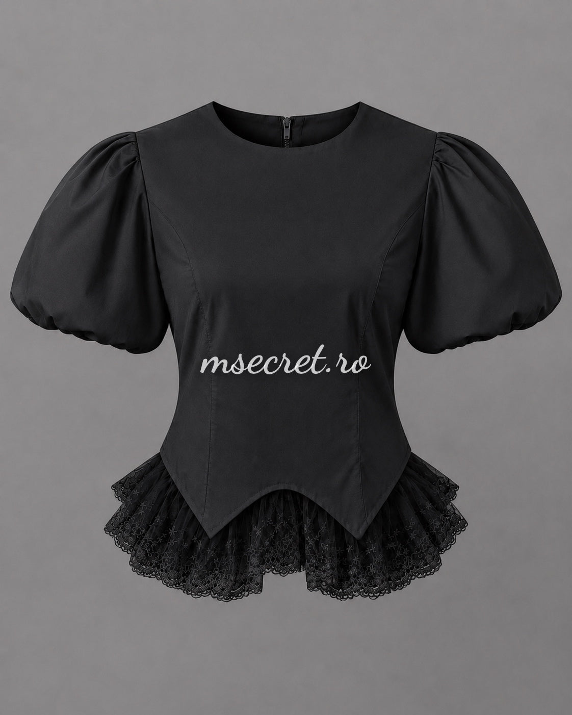 Black shirt with puffed sleeves and embroidered tulle detail