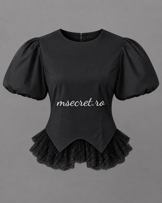 Black shirt with puffed sleeves and embroidered tulle detail