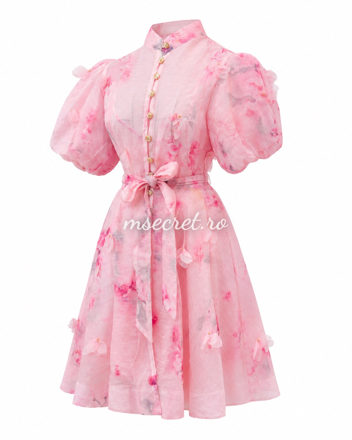 Pink short linen dress with 3D appliqués