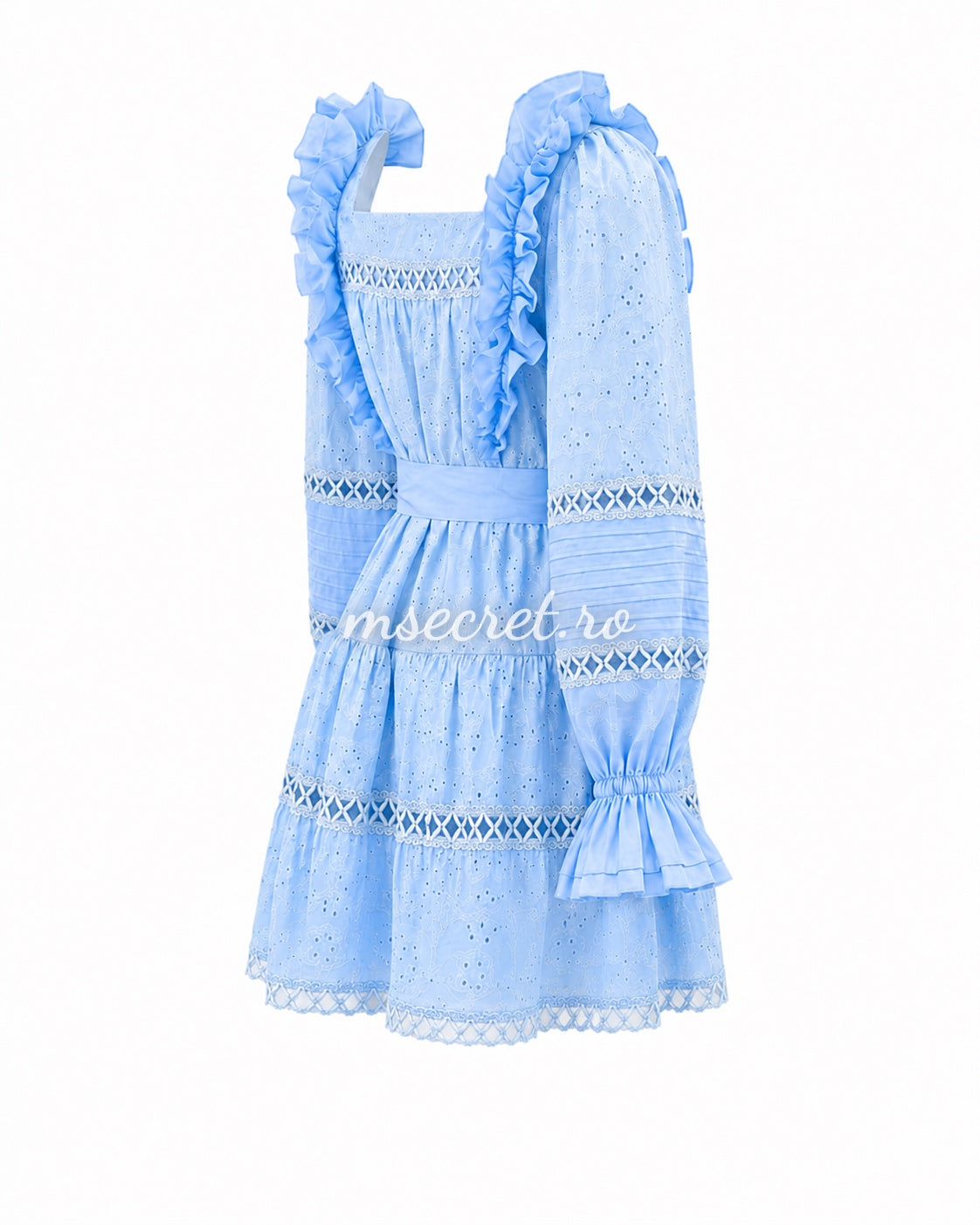 Blue linen and cotton dress with embroidery and ruffles