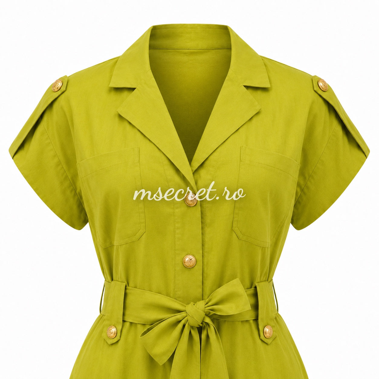 Rochie camasa verde cu cordon in talie si insertii din dantela