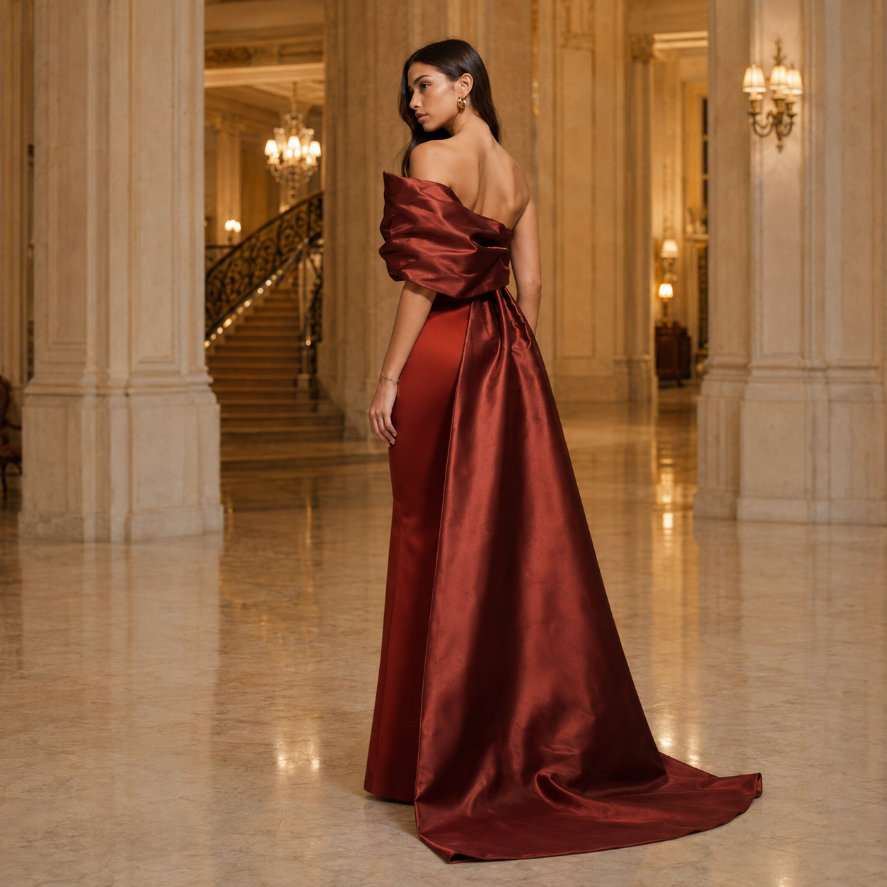Rochie maxi eleganta bordo cu capa drapata din satin
