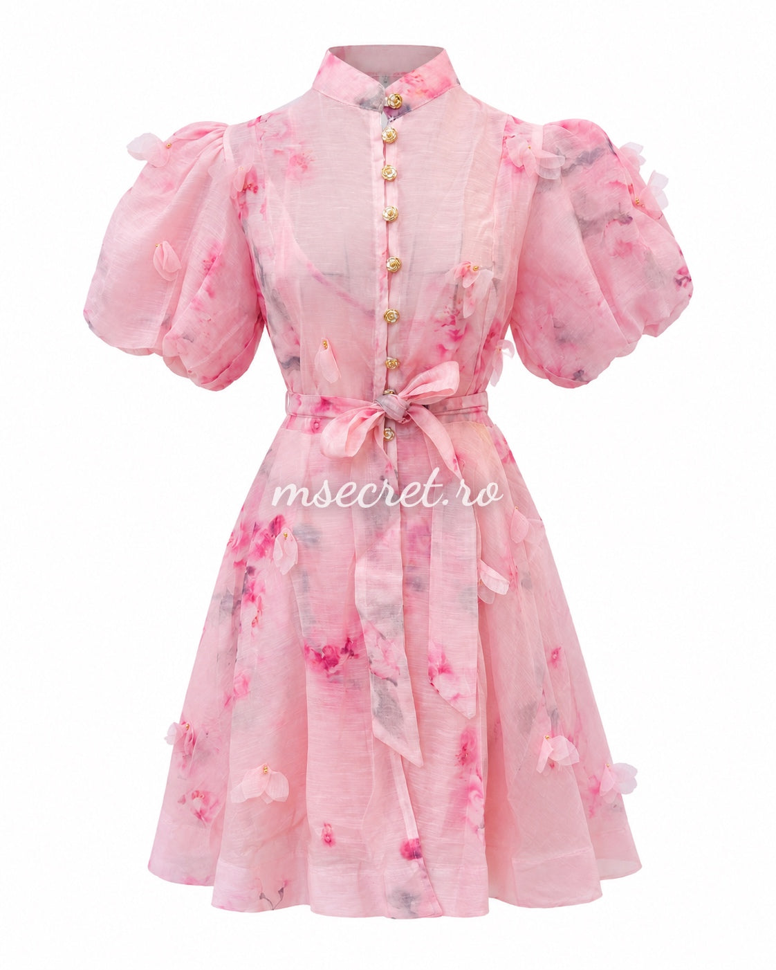 Pink short linen dress with 3D appliqués