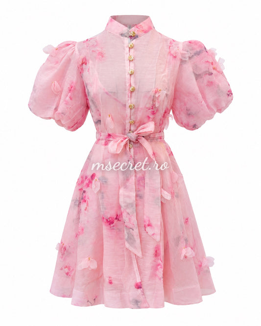 Rochie scurta roz din in cu aplocatii 3D