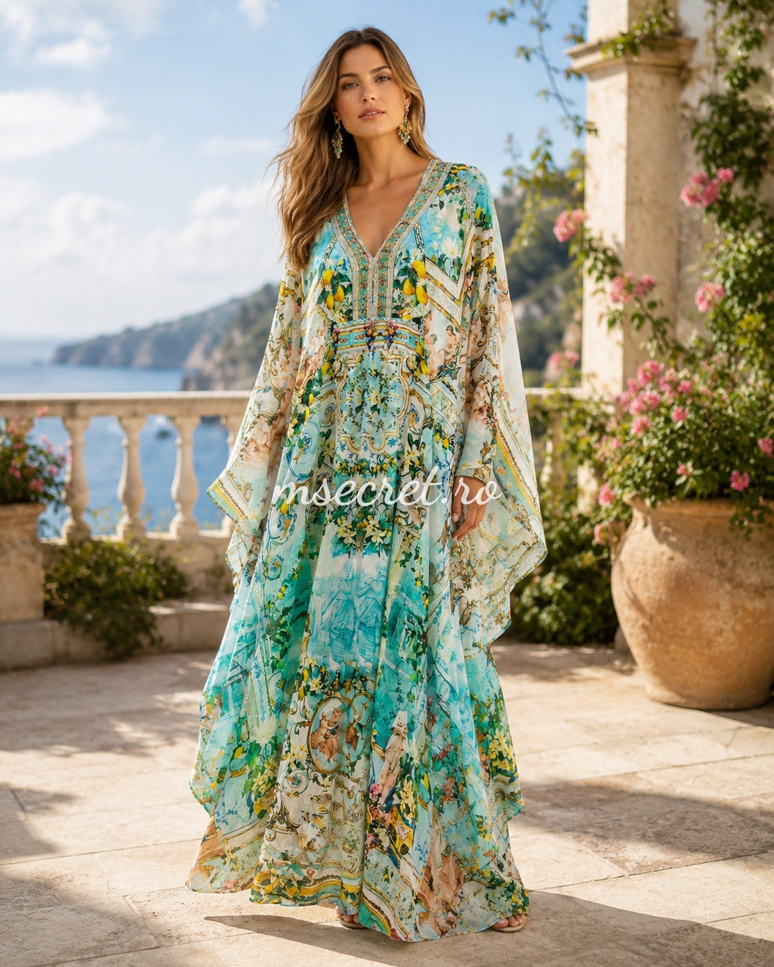 Rochie tip caftan turcoaz cu imprimeu mediteranean