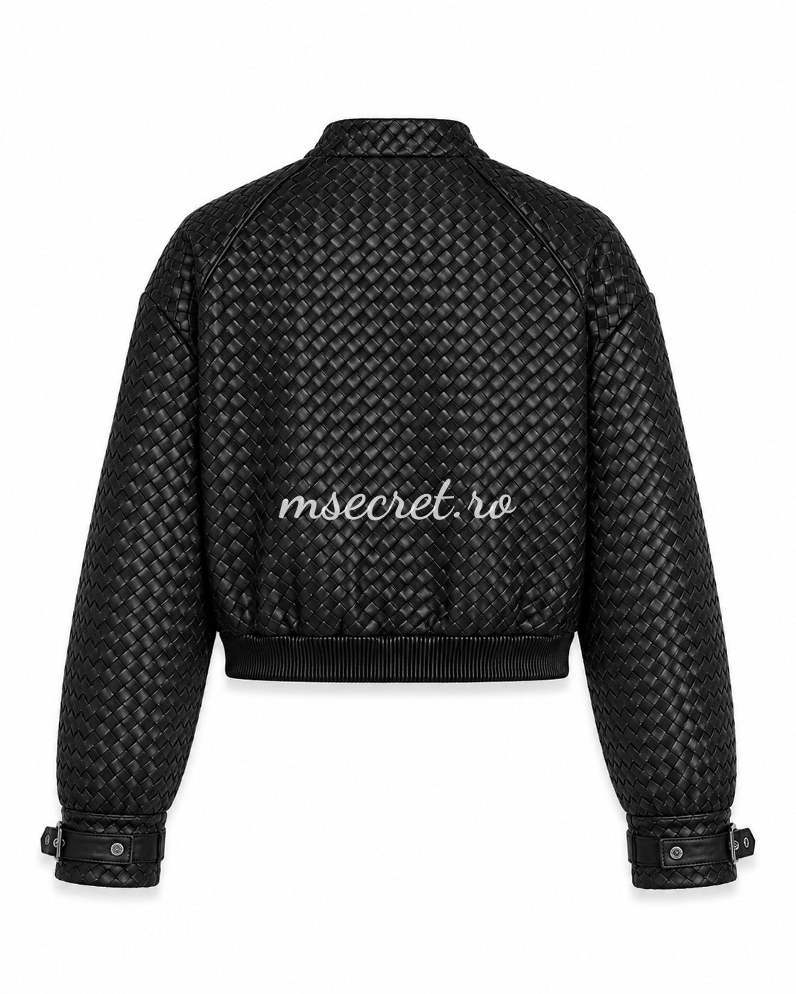 Geaca scurta din piele naturala neagra cu textura impletita