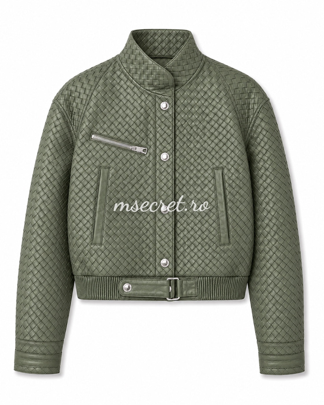 Geaca scurta din piele naturala olive cu textura impletita
