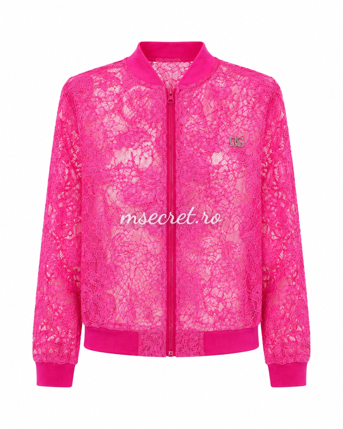 Compleu fucsia din dantela florala cu geaca si pantaloni