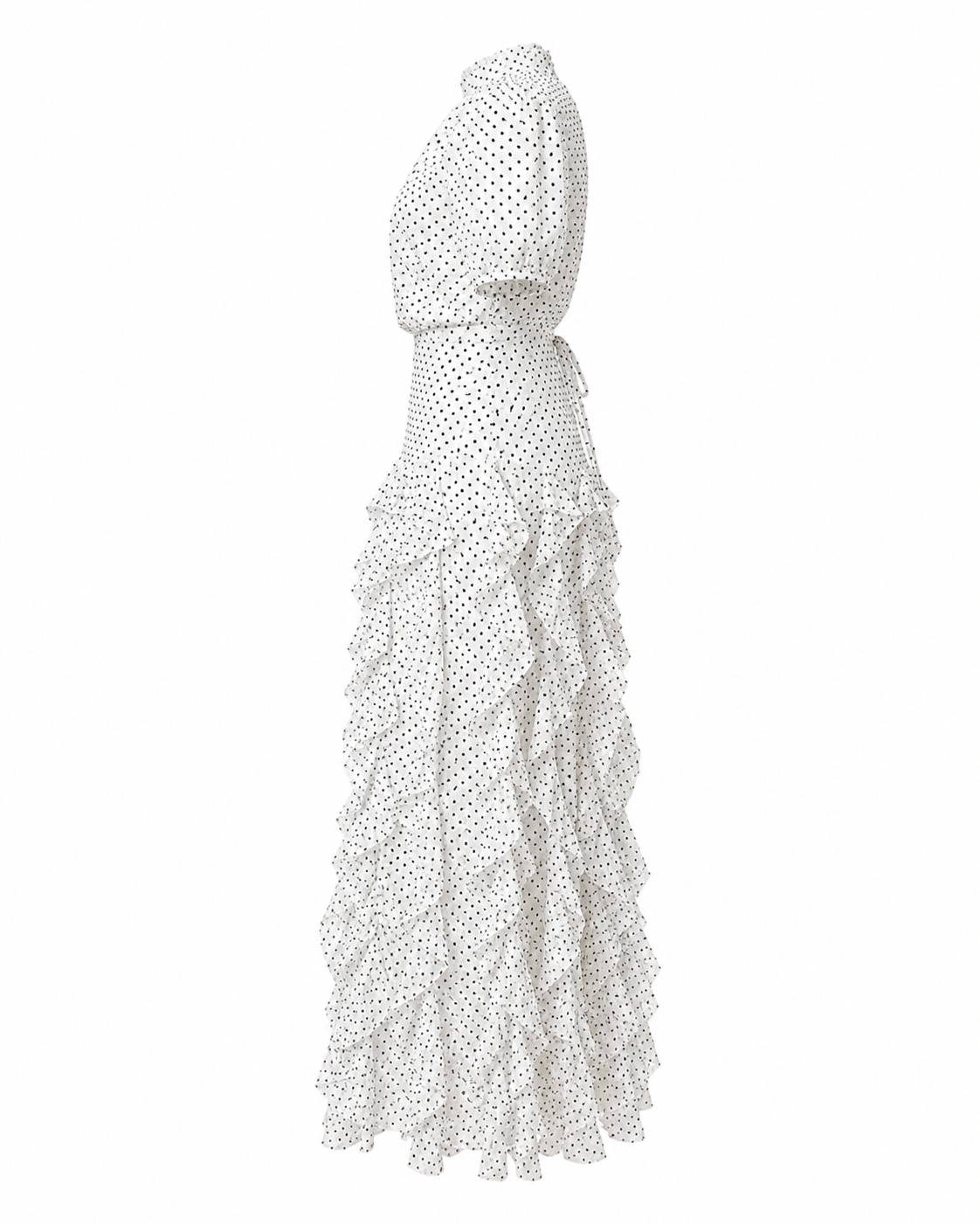 Rochie midi alba din voal cu buline si volane delicate