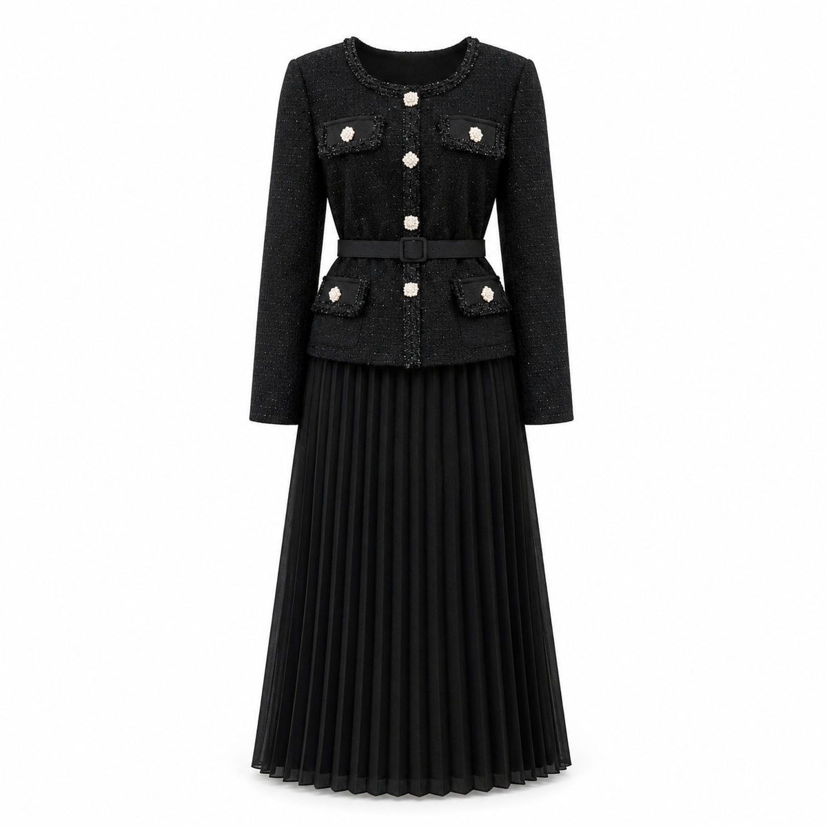 Rochie neagra din tweed cu cristale
