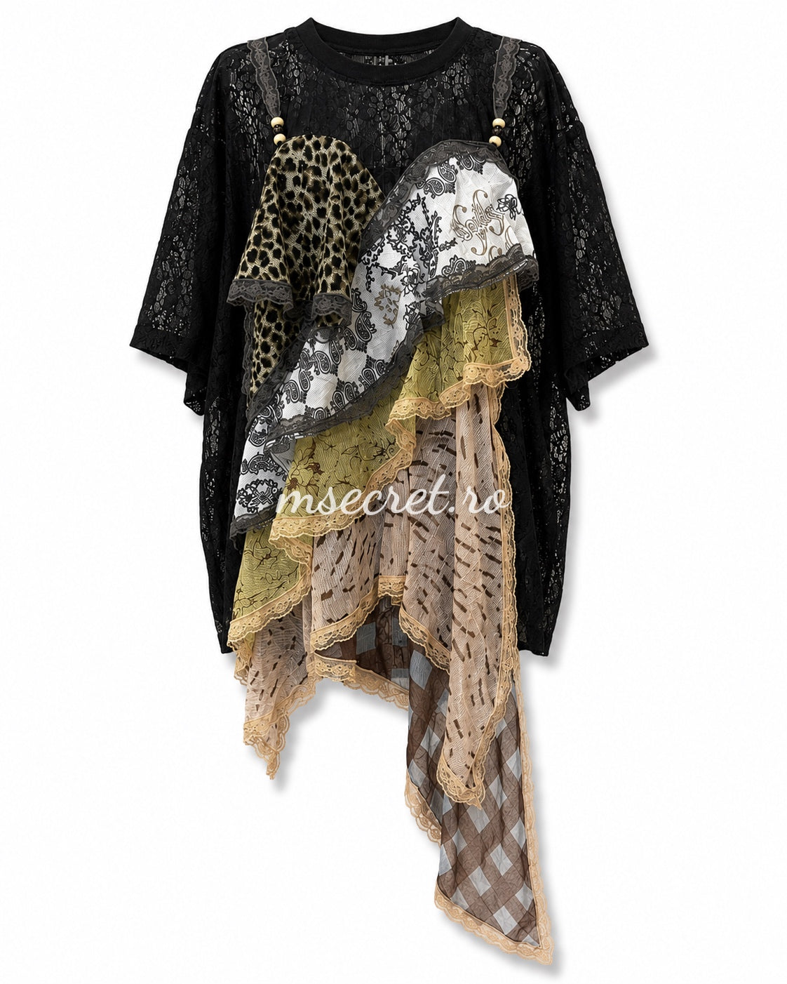 Rochie tunica neagra din dantela, cu aplicatie asimetrica din voal imprimat