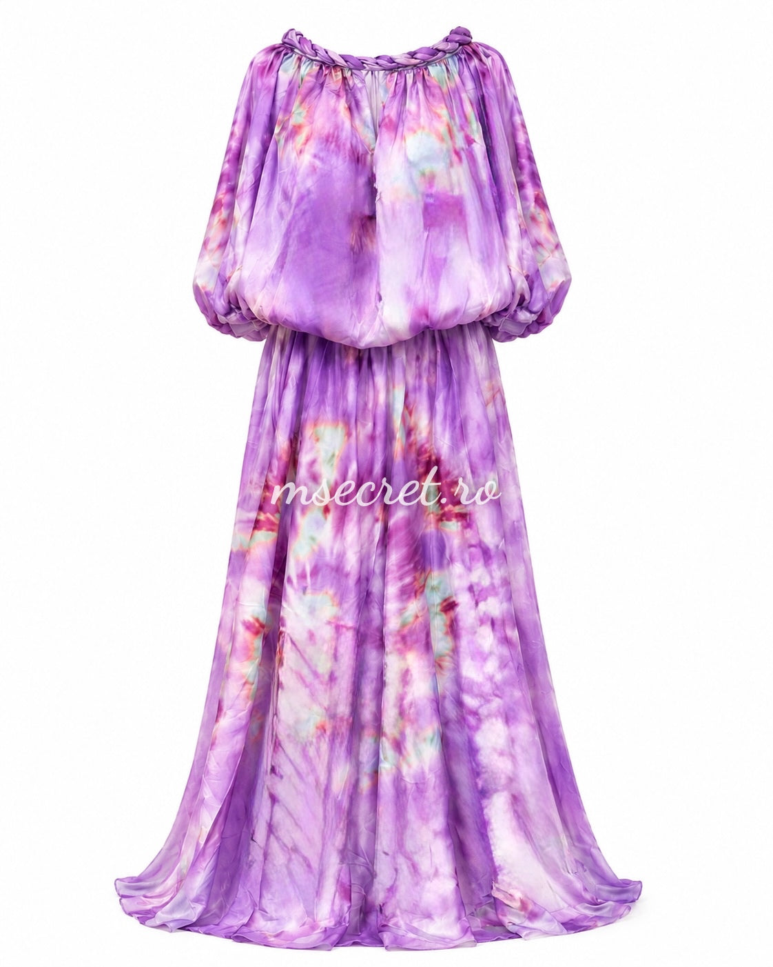 Rochie lunga lila tie-dye cu decolteu Bardot