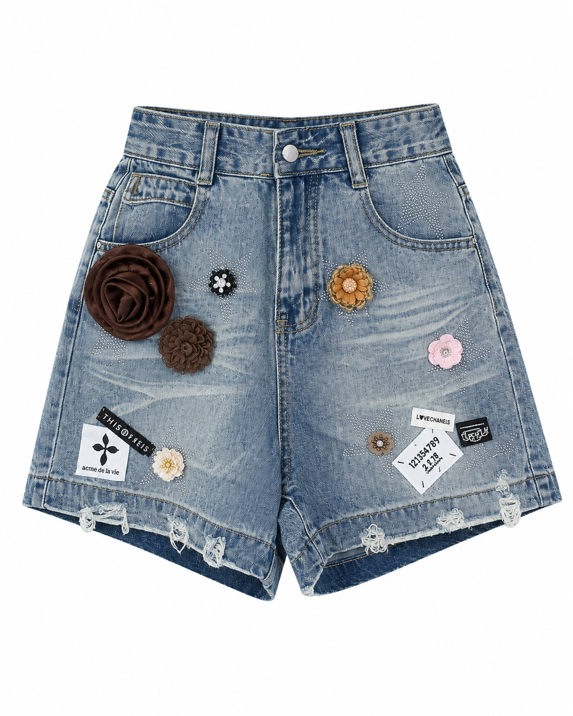Pantaloni scurti din denim cu aplicatii florale si strasuri