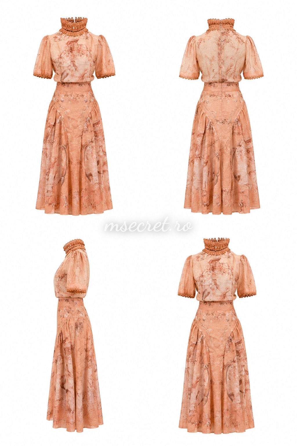 Compleu din in somon cu print delicat si fusta midi