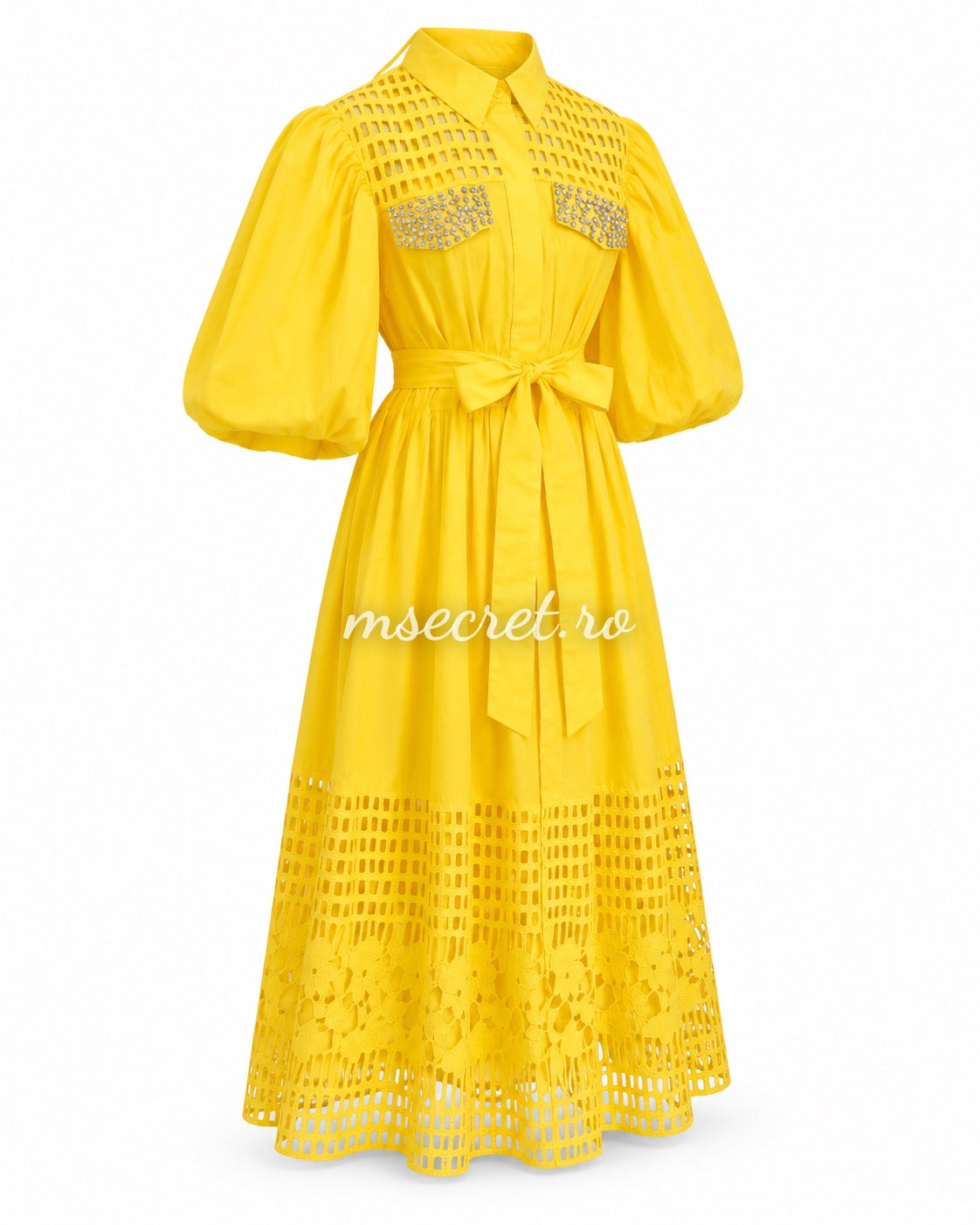 Yellow dress with perforated embroidery and sparkling appliques