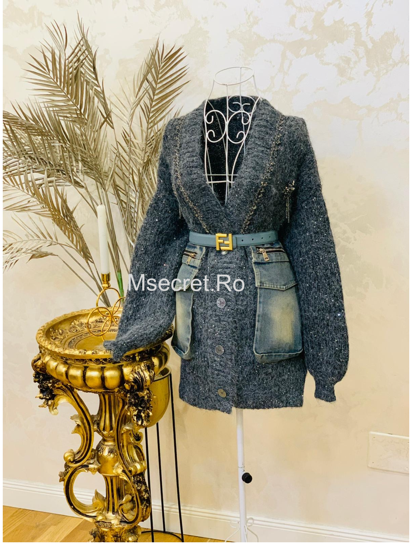 Cardigan din lana cu denim