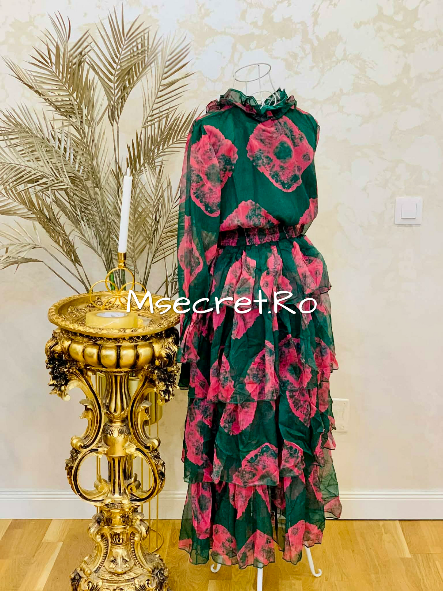 Pink and green midi dress with ruffles