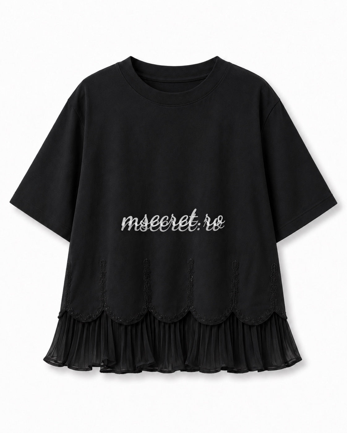 Tricou negru din bumbac cu volan plisat