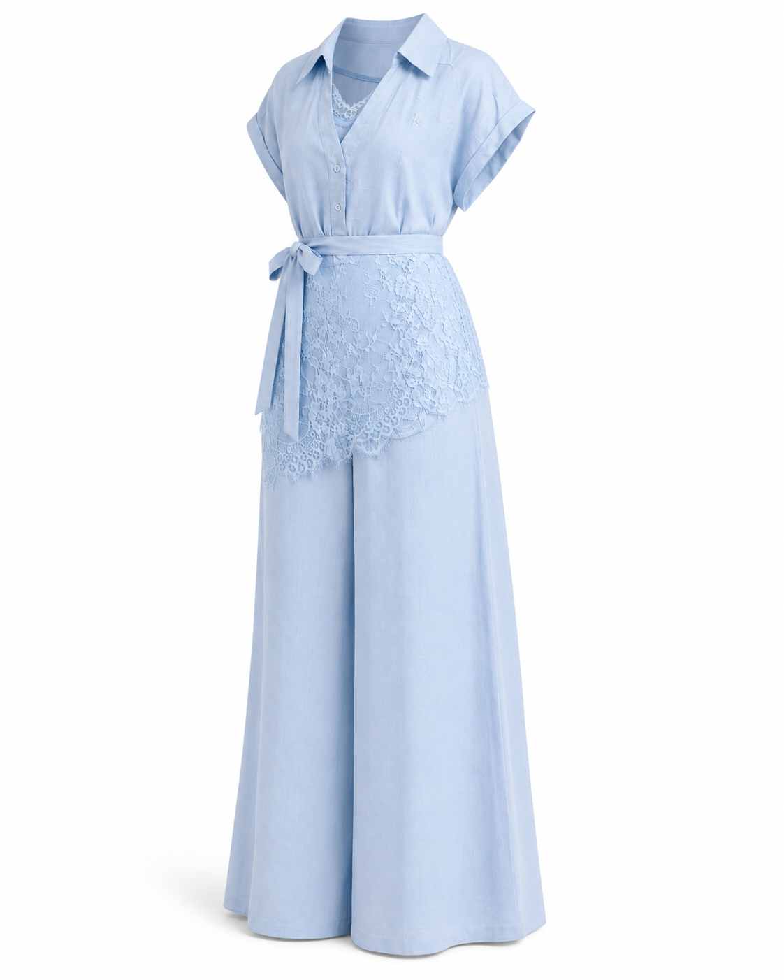 Compleu blue din in cu pantaloni largi, top fara maneci si dantela