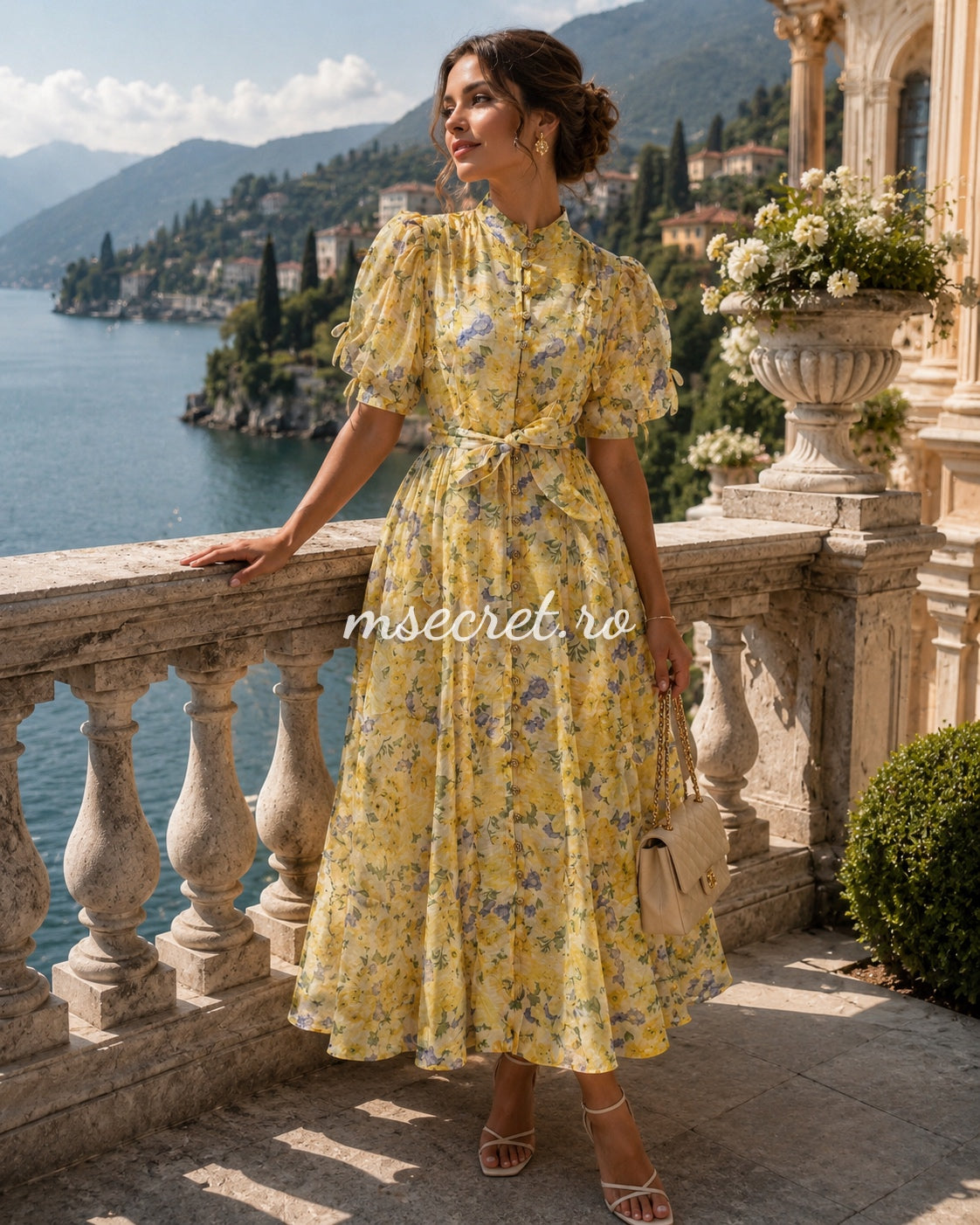 Rochie din in cu imprimeu floral galbena si maneci bufante
