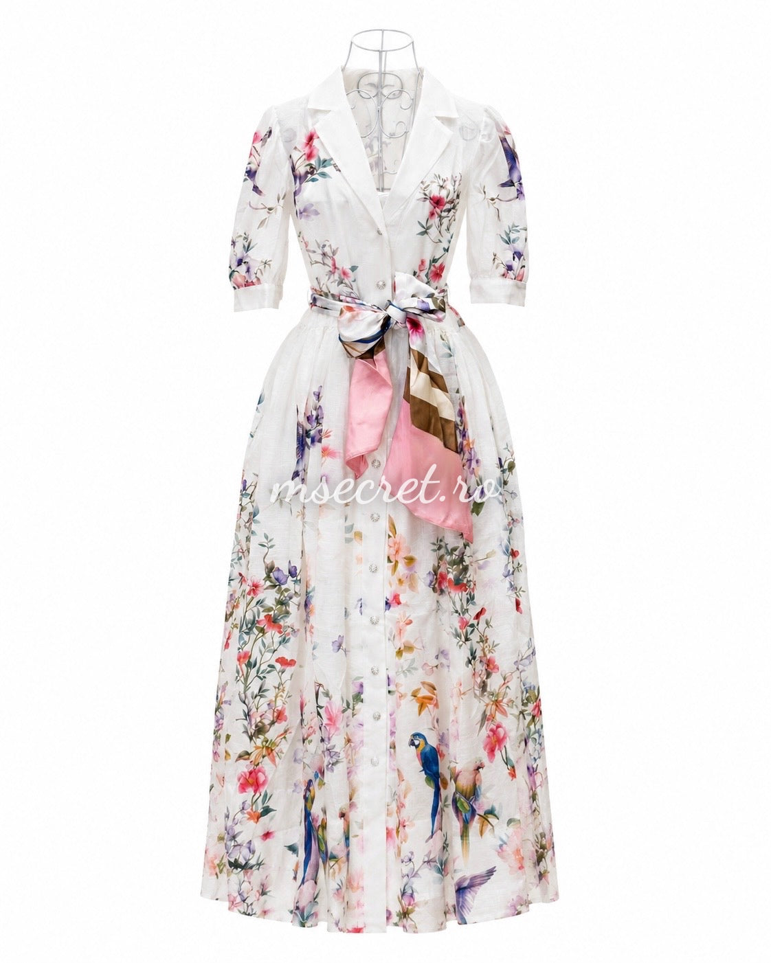 Rochie midi din in cu imprimeu floral si cordon tip esarfa