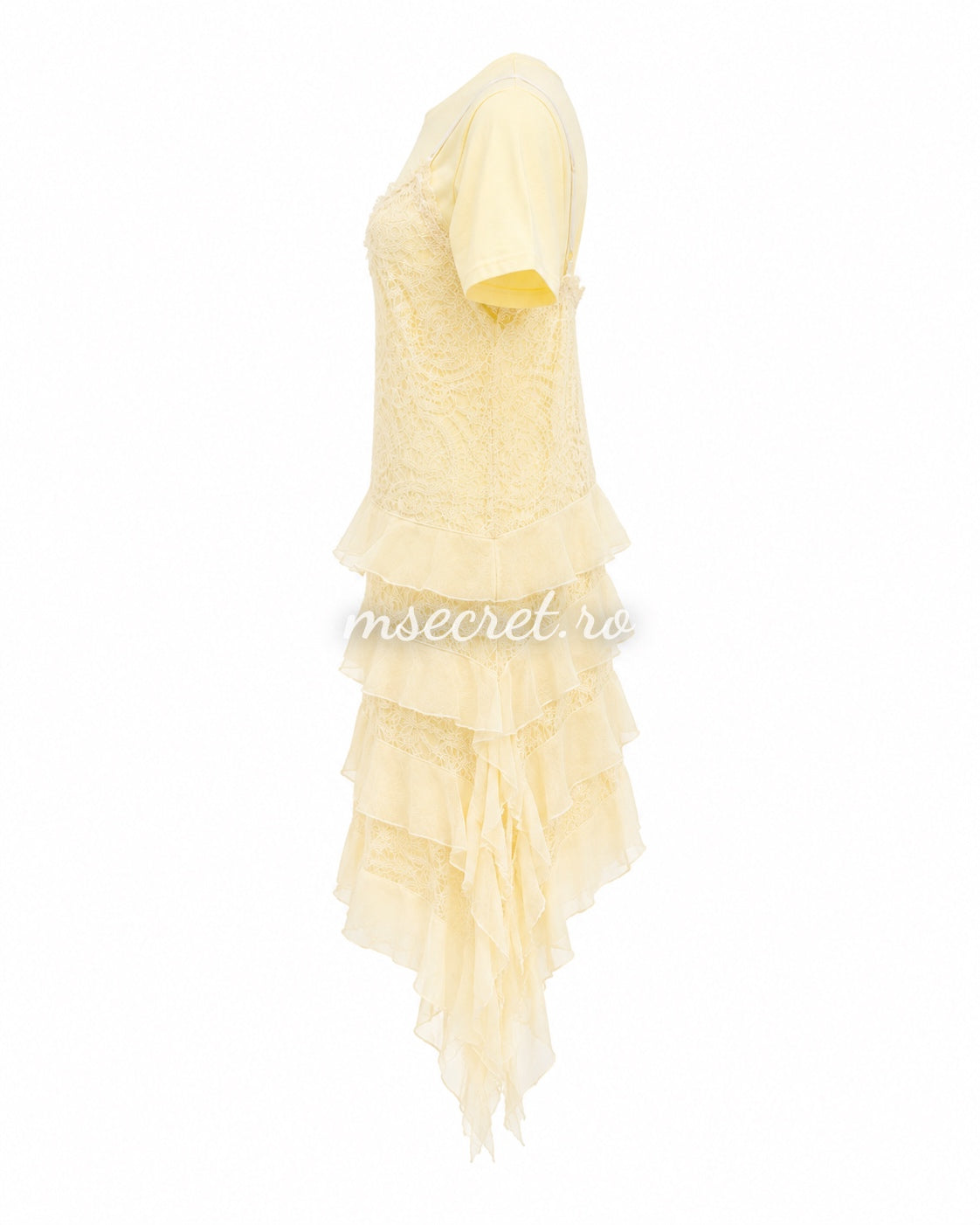 Pale yellow cotton dress with lace overlay and ruffles